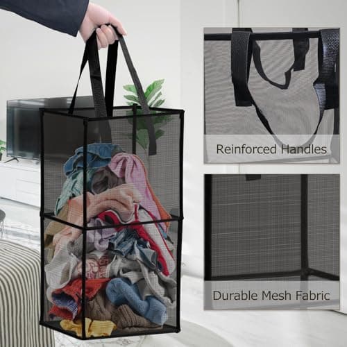 Large Collapsible Laundry Hamper, Black Mesh Basket for Bathrooms, Bedrooms, and Travel