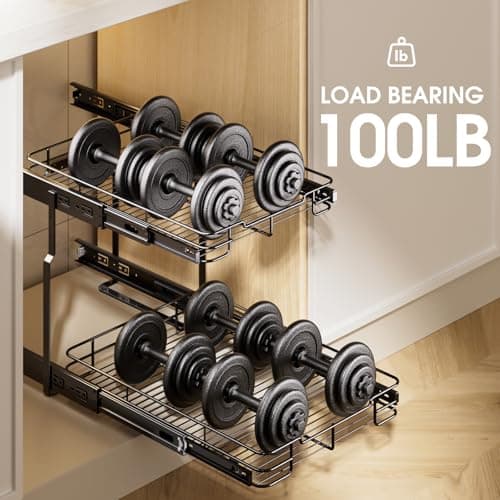 Delamu 2-Tier Pull Out Shelf for Kitchen Cabinet, Pantry, Bathroom (14" W x 21" D)