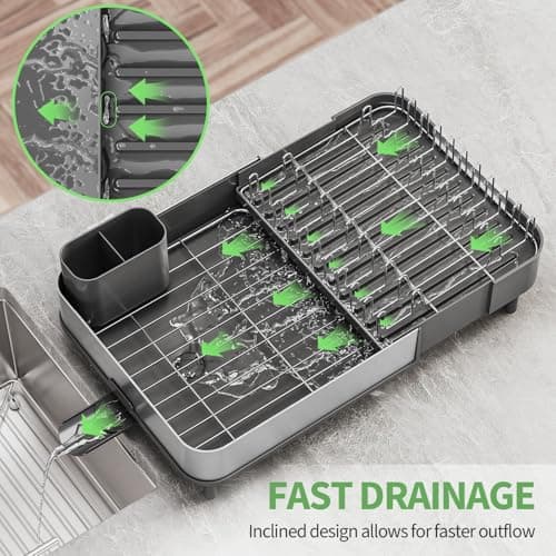 Expandable 304 Stainless Steel Dish Drying Rack, Foldable with Cutlery Holder, Gray Kitchen Rack