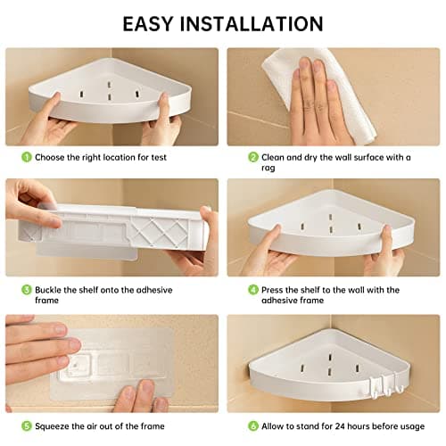 2 Pack Adhesive White Corner Shower Caddy, Rustproof Plastic Shelving with 4 Hooks, Space-Saving Bathroom Organizer