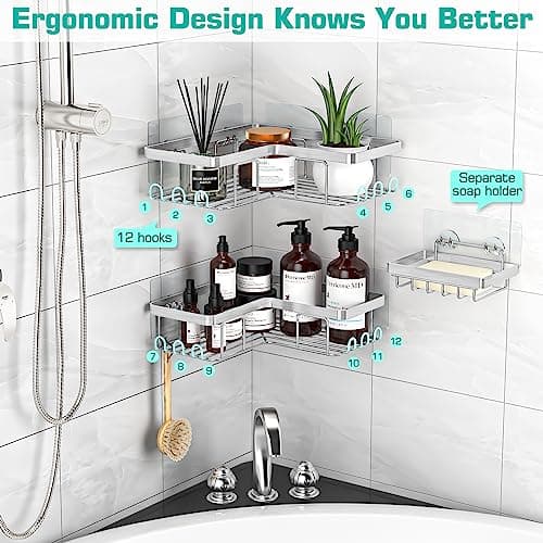 YASONIC Rustproof 3-Pack Adhesive Shower Caddy, 12 Hooks, Soap Holder, Brushed Silver