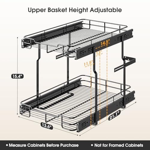 Delamu 2-Tier Pull Out Shelf for Kitchen Cabinet, Pantry, Bathroom (14" W x 21" D)
