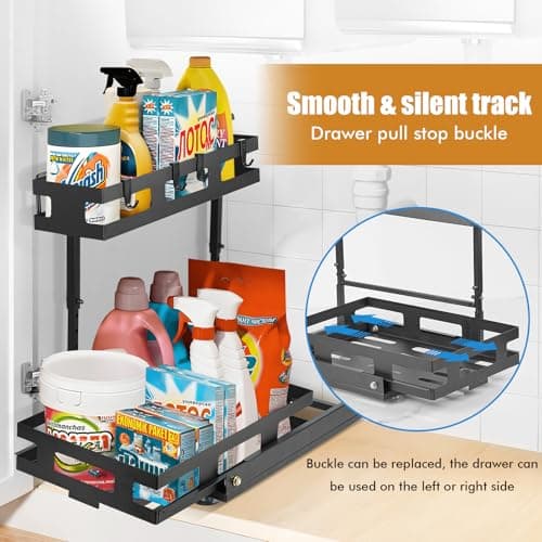 LBTING 2 Tier L-Shaped Metal Under Sink Organizer with Drawer - Black