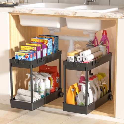 ASOBAGE 2 Tier Sliding Cabinet Organizer with Hooks - Black, Multi-Purpose Sink Storage (2 Pack)