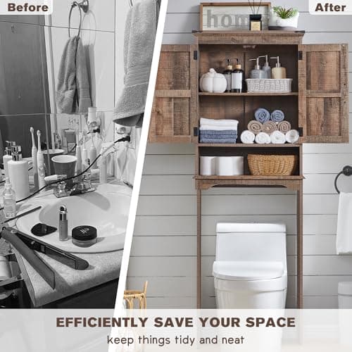 Rustic Brown Over the Toilet Cabinet, 67" Tall, Adjustable Shelf, Barn Door
