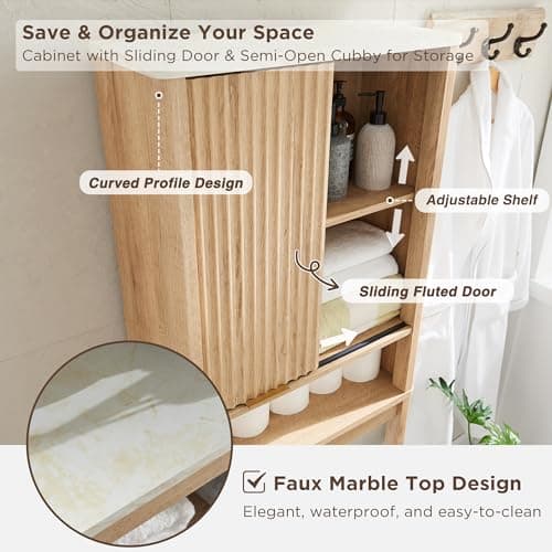 RedLemon Curved Profile Toilet Cabinet, 68" Tall, Faux Marble Top, Adjustable Shelf, Natural Oak