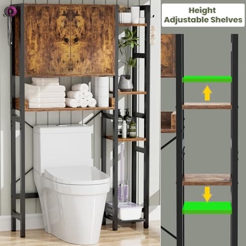 Rustic 7-Tier Over-the-Toilet Storage Cabinet with Adjustable Shelf & 4 Hooks
