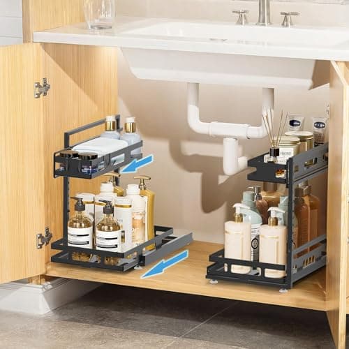 LBTING 2 Tier L-Shaped Metal Under Sink Organizer with Drawer - Black