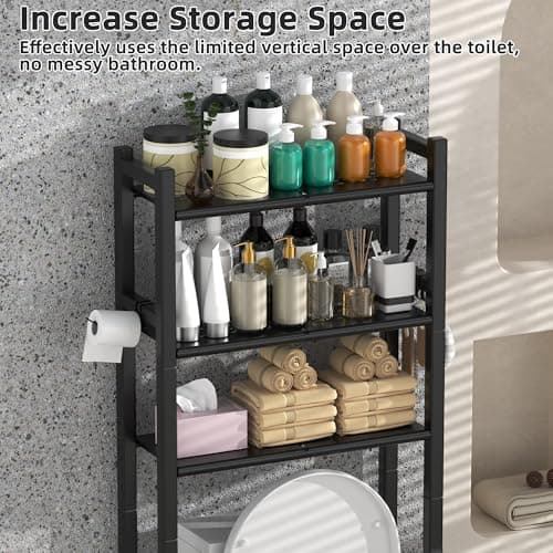 Black 3-Tier Over-the-Toilet Storage Rack with Hooks