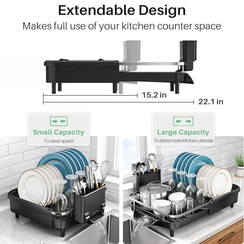 Expandable Stainless Steel Dish Drying Rack with Drainboard & Utensil Holder (Black)