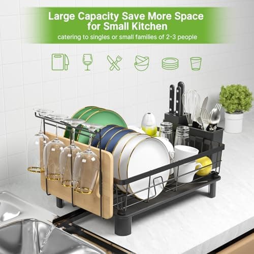 Stainless Steel Dish Drying Rack, Space-Saving with Utensil Holder, Black