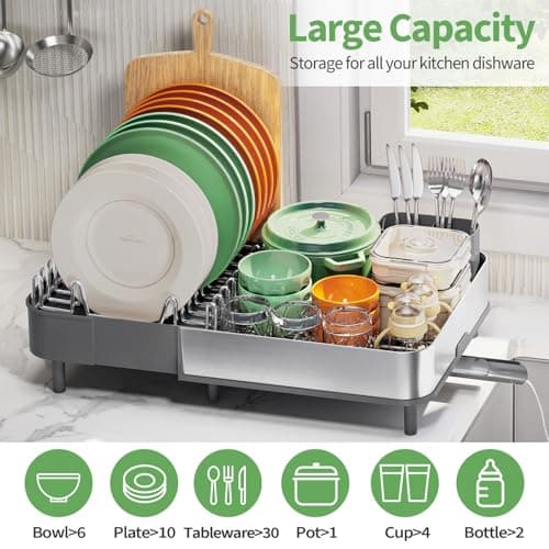 Expandable 304 Stainless Steel Dish Drying Rack, Foldable with Cutlery Holder, Gray Kitchen Rack