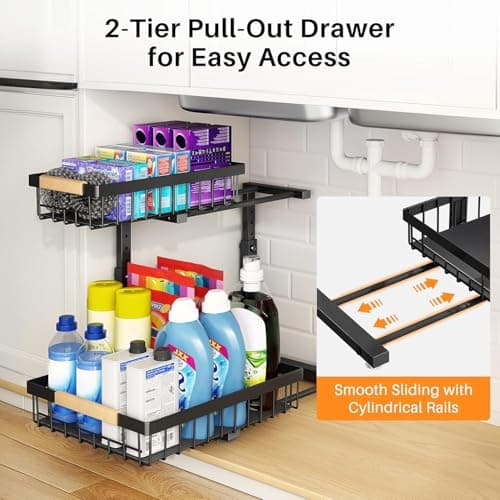 PXRACK Large Under Sink Organizer, Black, 2-Tier Slide Out, Black, 1 Pack