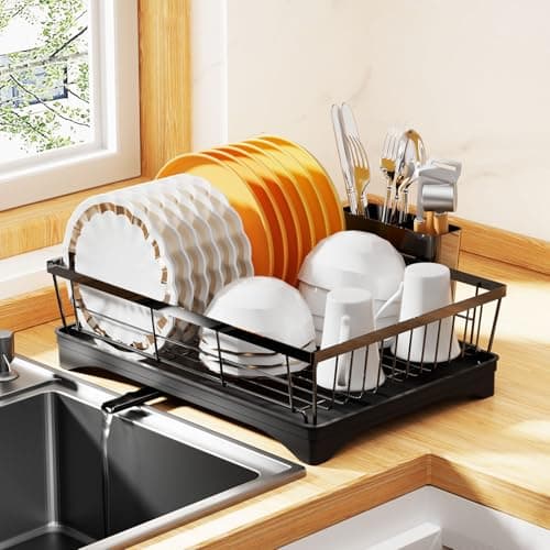 Super Spacious & Compact Kitchen Dish Drying Rack, 360° Rotary Spout, Rustproof Black Organizer