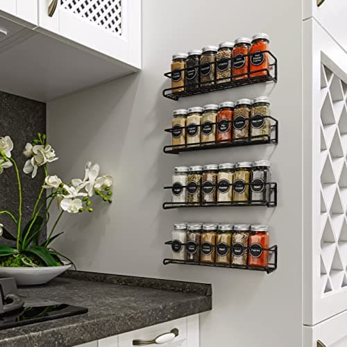Wall-Mounted 4-Piece Spice Rack Organizer for Jars and Seasonings, Screw or Adhesive Installation for Kitchen Cabinet or Pantry Door