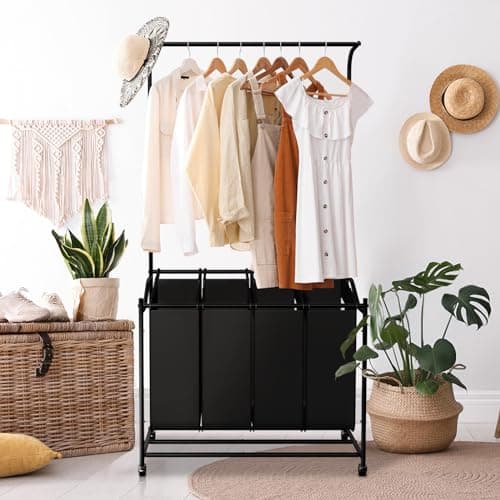 Black LUCKUP 4-Section Laundry Sorter with Hanging Bar