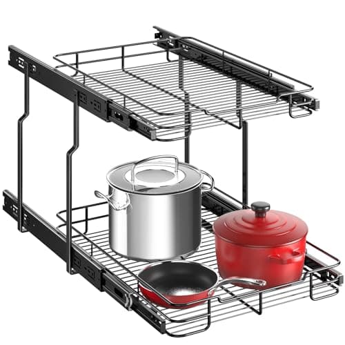 Delamu 2-Tier Pull Out Shelf for Kitchen Cabinet, Pantry, Bathroom (14" W x 21" D)