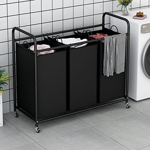 LINZINAR Heavy Duty 3-Bag Laundry Hamper with Lockable Wheels & Organizer