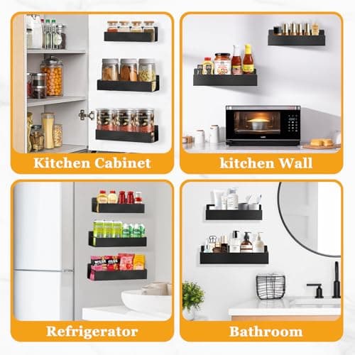 Wall-Mounted Spice Rack Set: 2 Black Adhesive Organizers for Smooth Surfaces, No Drilling Needed