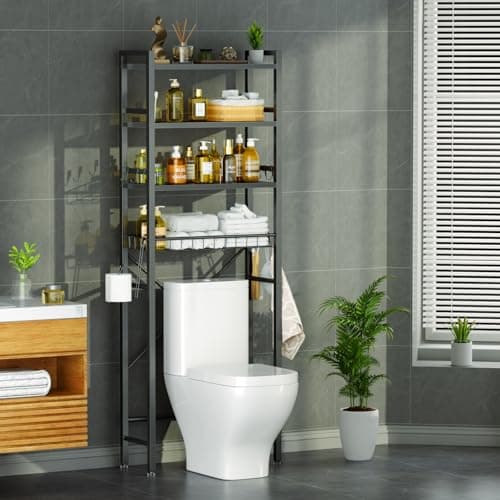 Black Over-The-Toilet Storage with 4 Tiers and 9 Hooks
