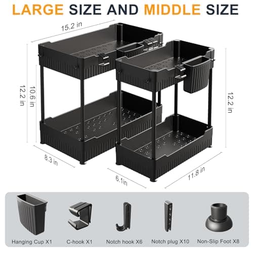 2 Pack Under Sink Organizer, Black: Hooks & Cups for Multi-Purpose Storage
