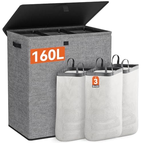 WOWLIVE 160L 3-Section Laundry Hamper with Lid & Removable Bags, Collapsible Black