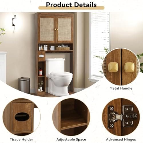 Rustic Brown Over Toilet Organizer with Double Doors & Adjustable Shelf