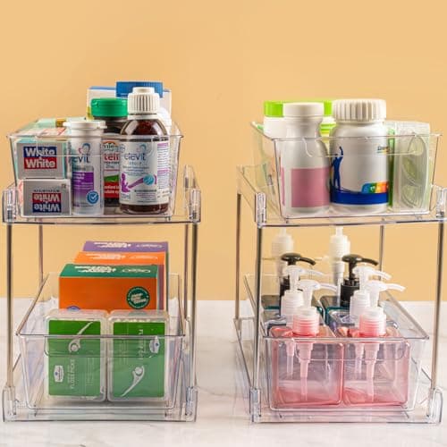 4-Pack Clear 2-Tier Sink Organizers for Bathroom, Kitchen, and Pantry