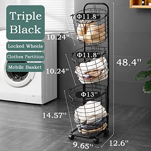 3-Tier UYOYOUS Laundry Basket on Wheels - Large Clothing Storage