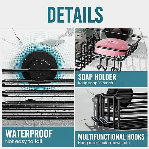 TAILI 2 Pack Heavy Duty Black Metal Shower Organizer with Hooks & Soap Holder