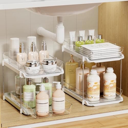 LAMU 2-Pack Bathroom & Kitchen Storage, 2-Tier Under-Sink Organizers with Drawers & Dividers