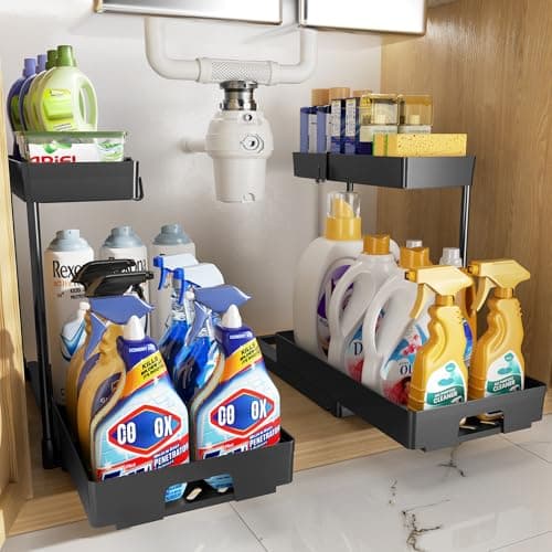 Delamu Under Sink Organizers: 2 Pack L-Shaped Pull-Out Cabinet Storage with Drawer for Bathroom and Kitchen
