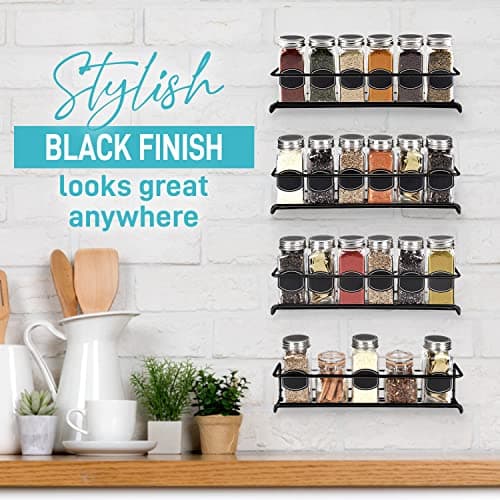 Wall Mount Spice Rack - 4-Tier Iron Organizer for Spice Jars - Space-Saving and Versatile - Black