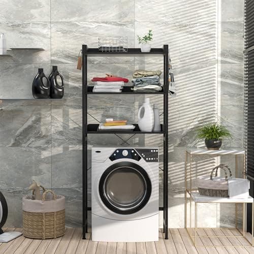 Freestanding Over-The-Toilet Storage Rack, 3-Tier Bathroom Organizer Shelf with Hooks - Black