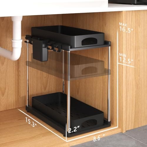 2-Tier Under Sink Organizer, Adjustable Kitchen & Bathroom Storage, Black
