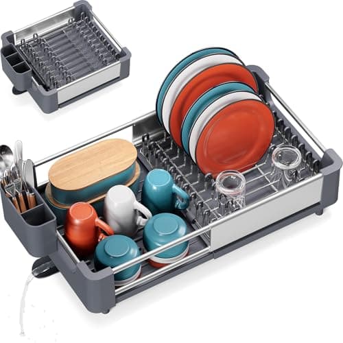 Extendable Gray Dish Drying Rack with Drainboard & Cutlery Holder