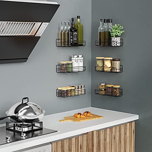 Moforoco Wall-Mount Spice Rack Organizer (6-Pack) - Black Pantry Shelves for Farmhouse Kitchen Decor