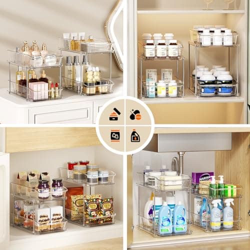 LAMU 2-Pack Clear Bathroom Storage, 2-Tier Pull-Out Sink Organizers with Drawers & Dividers