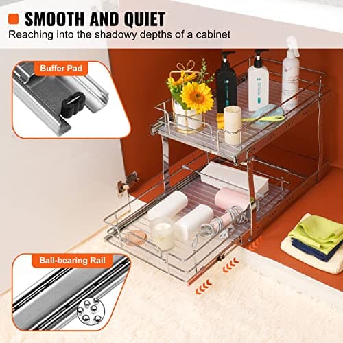 VEVOR Heavy Duty 2 Tier Pull Out Cabinet Organizer, Chrome-Plated Steel Drawer, 15"x22"x16"