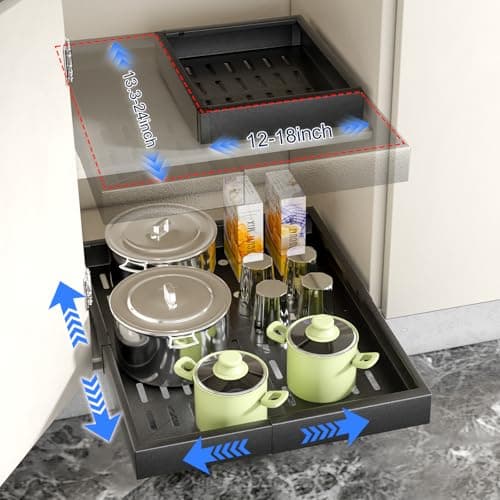 Black Minimalist Expandable Cabinet Organizer, 18" W x 5" H, 65 lbs Capacity, Kitchen Pantry Bathroom