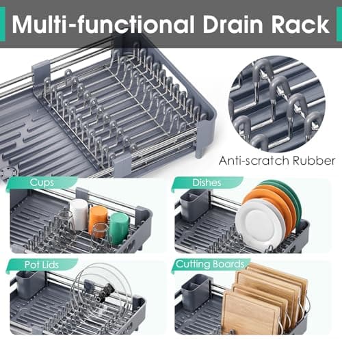 Extendable Gray Dish Drying Rack with Drainboard & Cutlery Holder
