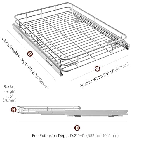 Premium Heavy-Duty Metal Slide Out Shelves for Kitchen Cabinets (17" W x 21" D) Anti-Rust Chrome Finish