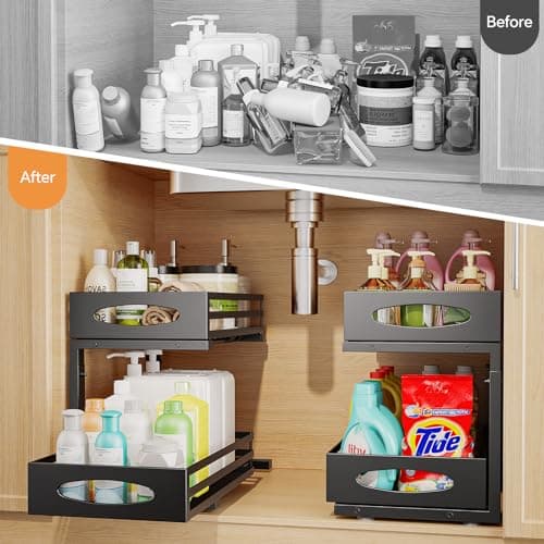 Sink Cabinet Organizers 2 Pack, Pull Out Steel Shelves for Kitchen Bathroom Storage (Black)