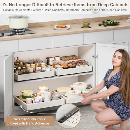 Expandable 15-21" Width Cabinet Organizer, White, 3 Rails, Kitchen Pantry Storage