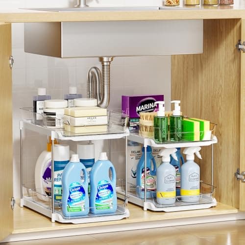 LAMU 2-Pack Bathroom & Kitchen Storage, 2-Tier Under-Sink Organizers with Drawers & Dividers