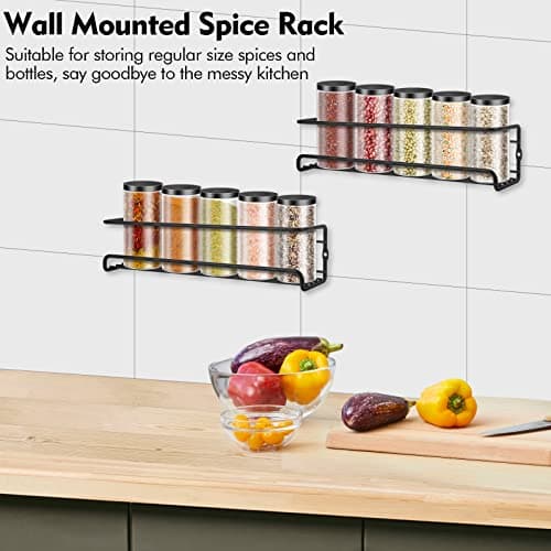 Black Wall Mounted Spice Rack, Hanging Organizer for Kitchen Storage (2pcs)