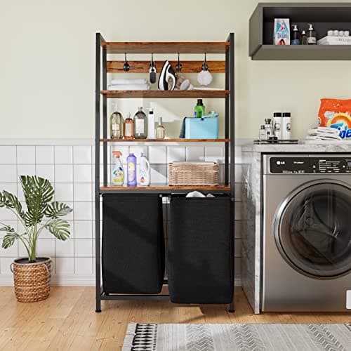 Laundry Hamper with Shelf, Hooks, and Removable Bags: For Laundry Room, Bathroom, Bedroom