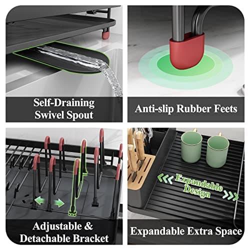 Expandable Dish Drying Rack for Kitchen Counter - 16.5 to 27 with Cutlery & Pan Holders, Anti-Rust Drainboard
