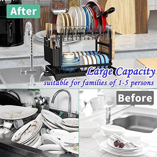 2-Tier Large Stainless Steel Dish Drying Rack with Drainboard for Kitchen Counter, Black