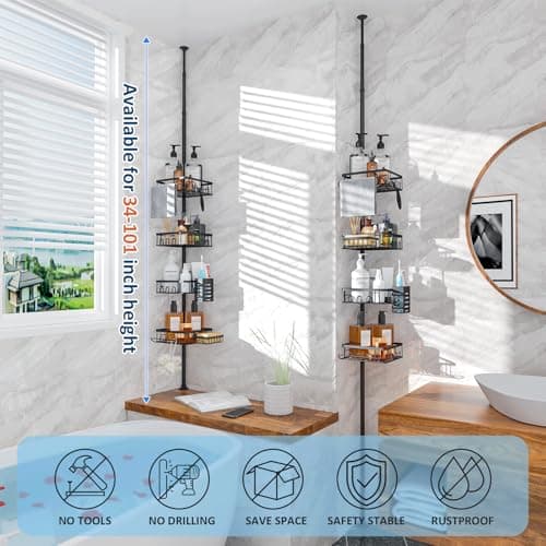 Rustproof 34-101 Inch Corner Shower Caddy with 4 Tier Organizer & Tension Pole - Black